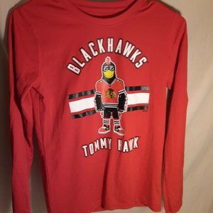 NHL Chicago Blackhawks Tommy Hawk Mascot Red Long Sleeve Tee T-Shirt sz M 10/12